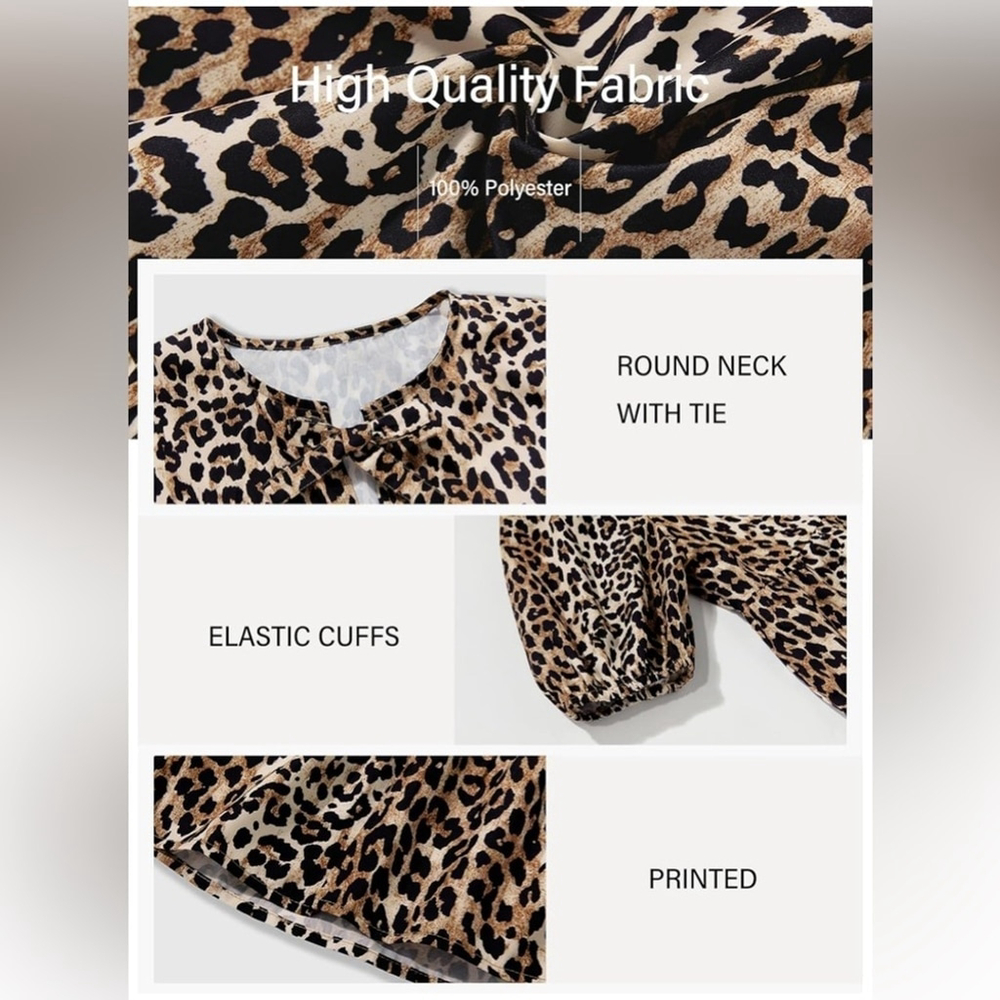 NEW Leopard Tie Front Peplum Babydoll Puff Short Sleeve Blouse Shirt XL - Picture 6 of 7